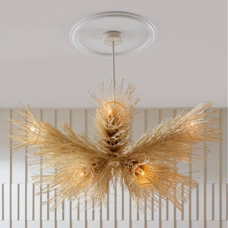 Bleached Rattan Frond Chandelier