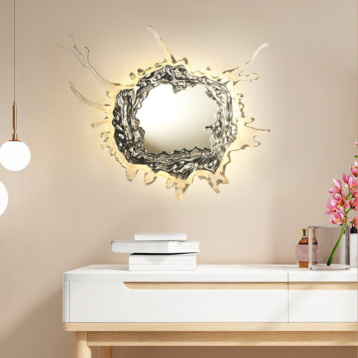 Crystal Water Drop Mirror LED Wall Light / ∅ 17.7″ x H 17.7″ / Dia 45cm x H 45cm / Gold & Clear / Cool Light