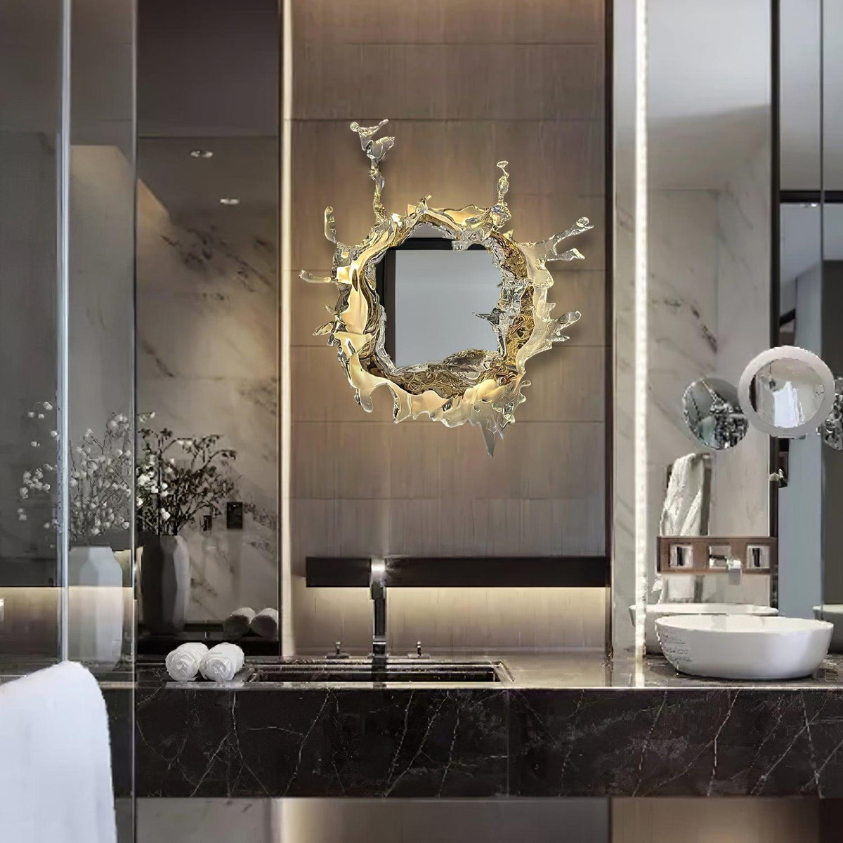 Crystal Water Drop Mirror LED Wall Light / ∅ 17.7″ x H 17.7″ / Dia 45cm x H 45cm / Chrome & Clear / Cool Light
