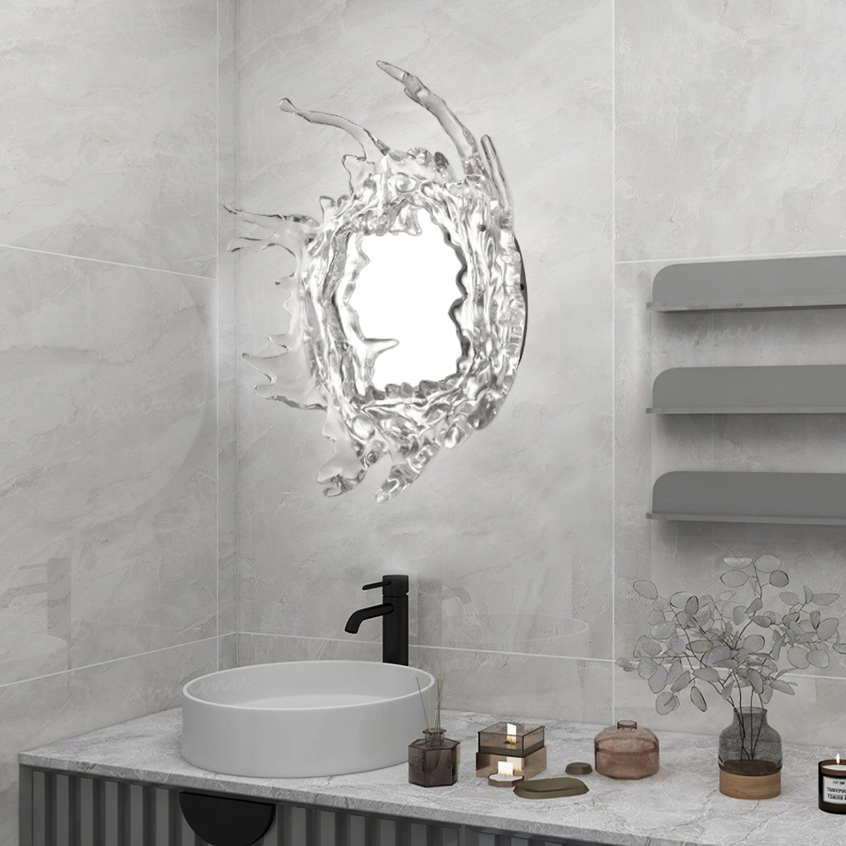 Crystal Water Drop Mirror LED Wall Light / ∅ 34.3″ x H 34.3″ / Dia 87cm x H 87cm / Chrome & Clear / Cool Light