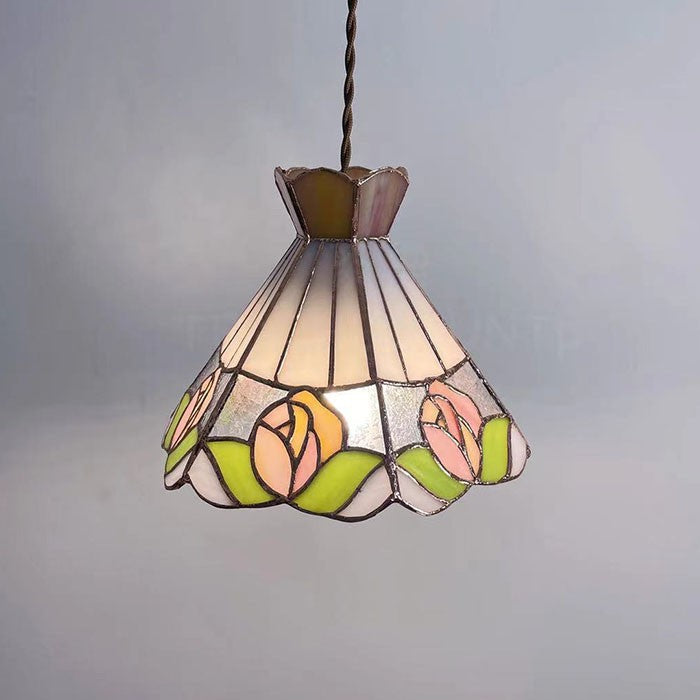 French Vintage Rose Stained Glass Pendant Light