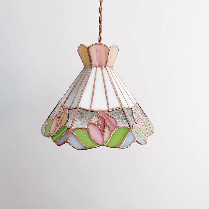 French Vintage Rose Stained Glass Pendant Light