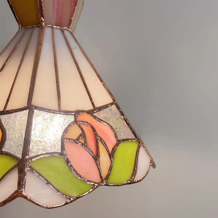 French Vintage Rose Stained Glass Pendant Light