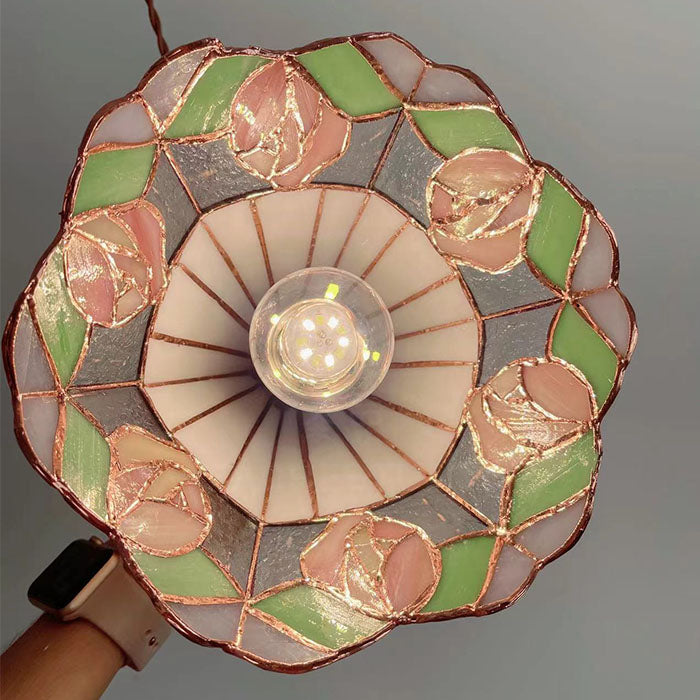 French Vintage Rose Stained Glass Pendant Light