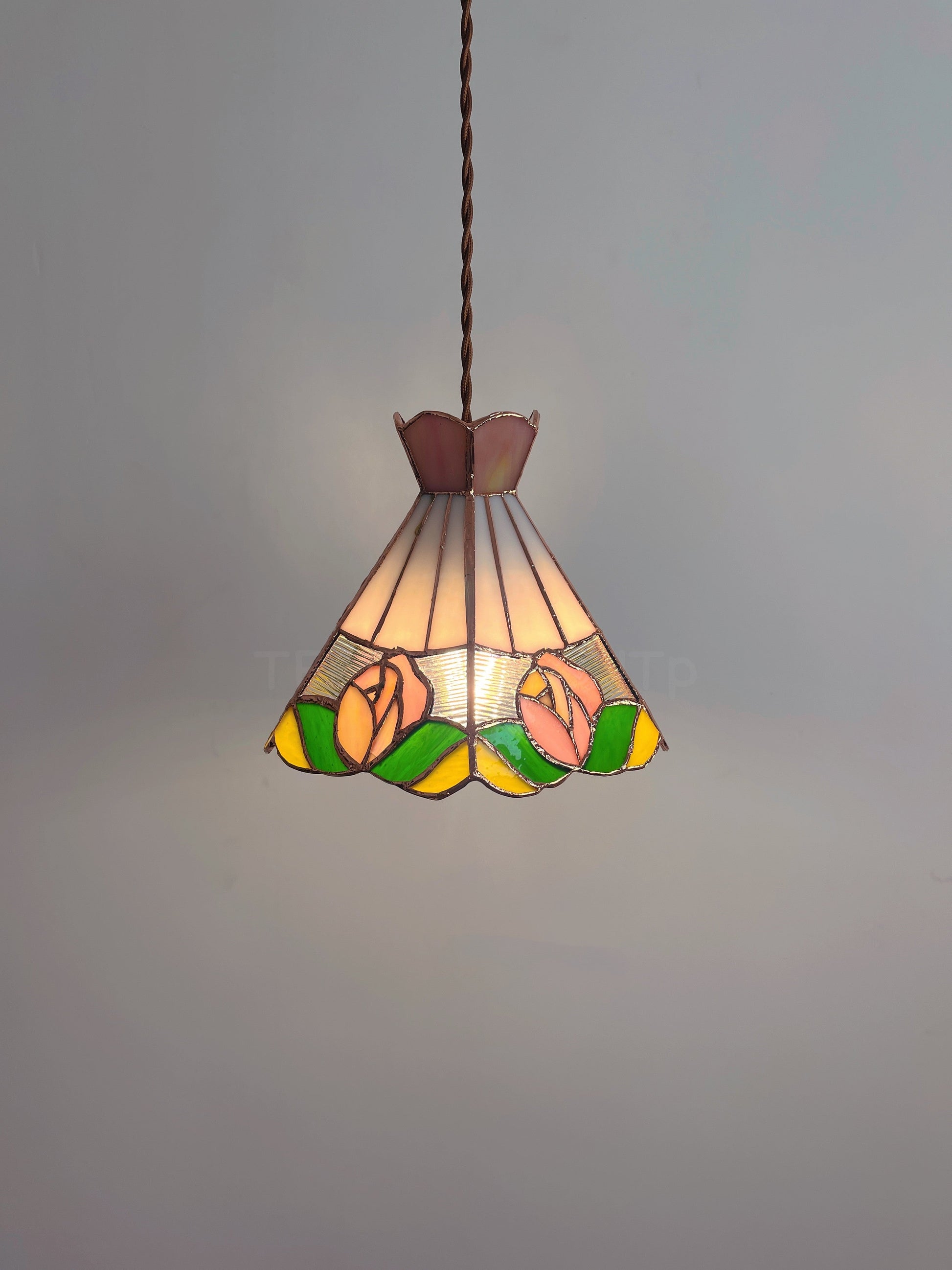 French Vintage Rose Stained Glass Pendant Light