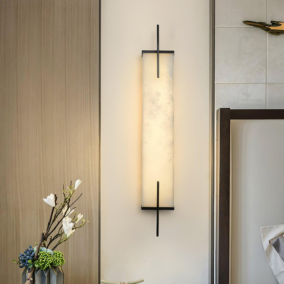 Vertical Alabaster Brass LED Wall Light / ∅ 4.7″ x H 23.6″ Set of 2 / White+Black / Warm Light